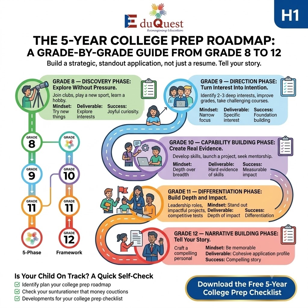 5-year college prep roadmap infographic grade 8 to 12