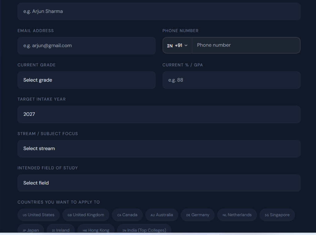 EduPath Dashboard Profile Builder Form — Grade, GPA, Stream, Field of Study and Target Countries