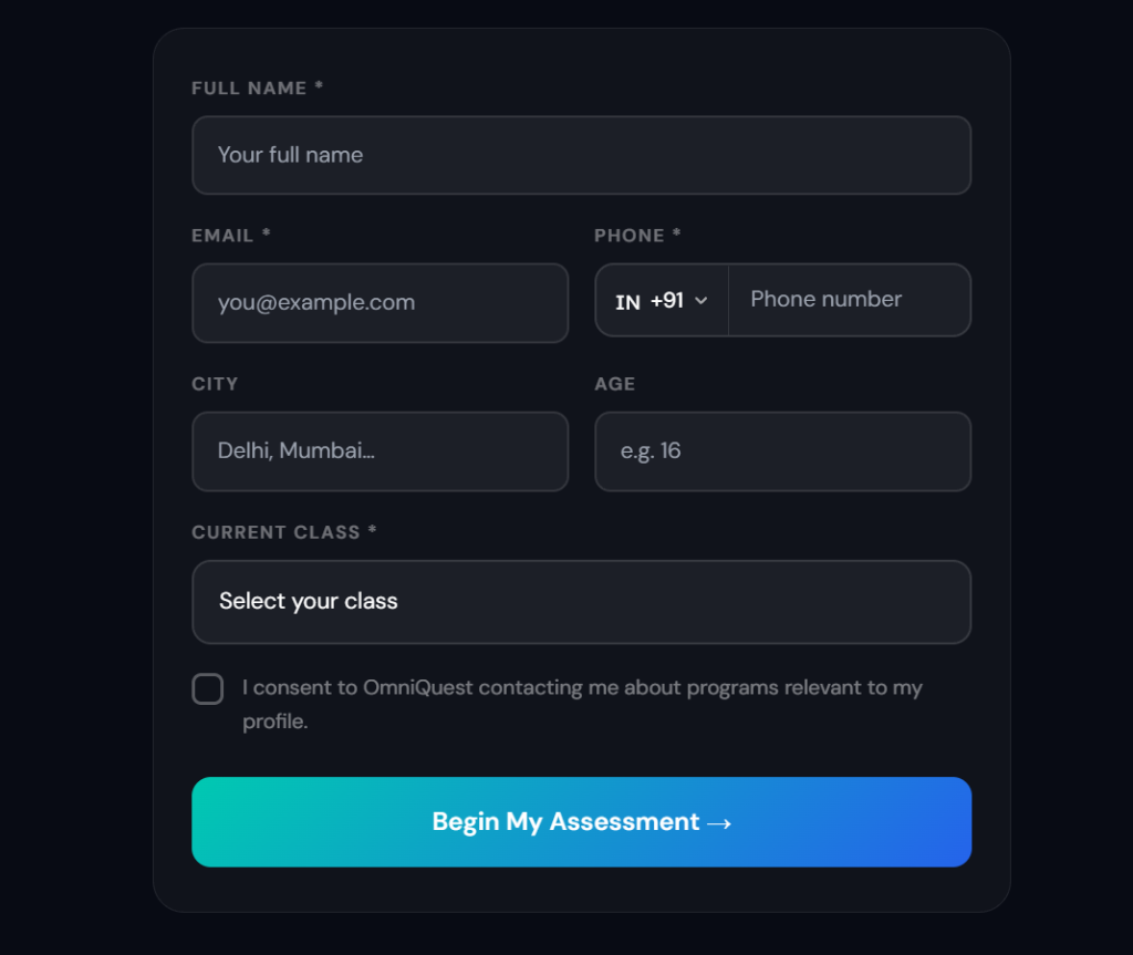 Personality Test Registration Form with Name, Email, Phone, City, Age and Class fields