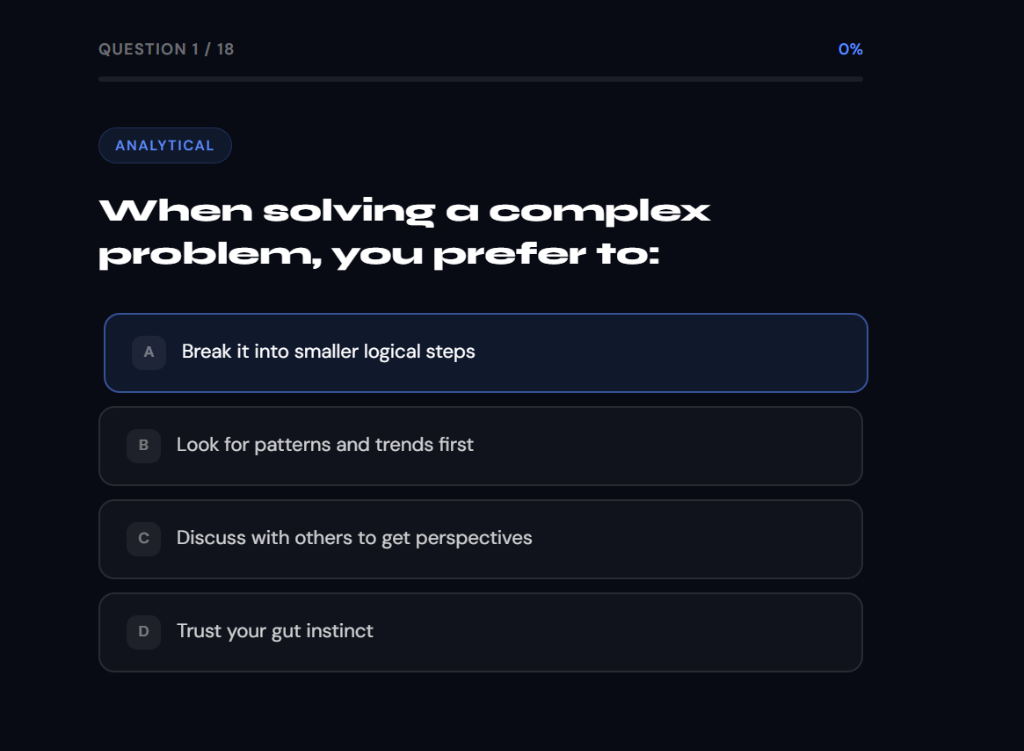 18 AI-powered Psychometric Questions with multiple choice options