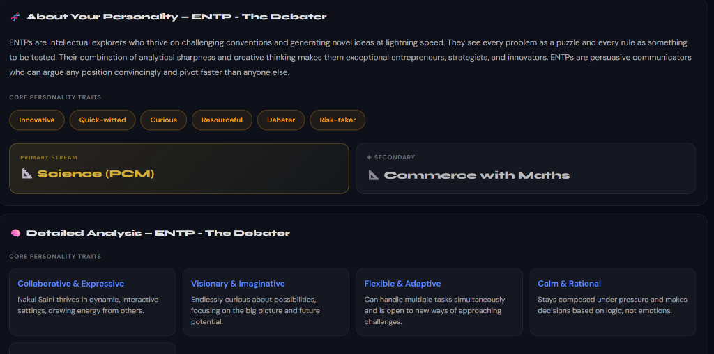 AI Personality Report — ENTP Analysis with personality traits, stream recommendation, career options, strengths and weaknesses