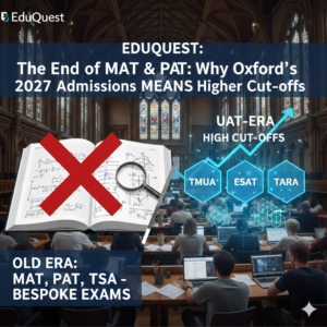 EduQuest infographic showing the transition in University of Oxford admissions for 2027 entry, featuring the retirement of MAT, PAT, and TSA bespoke exams in favor of the new UAT-UK standardized tests (TMUA, ESAT, TARA) and the rise in competitive interview cut-off scores.