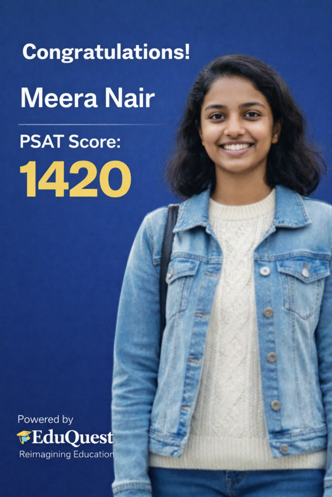 Meera Nair celebrating her PSAT score of 1360 while planning SAT preparation and global university admissions with EduQuest