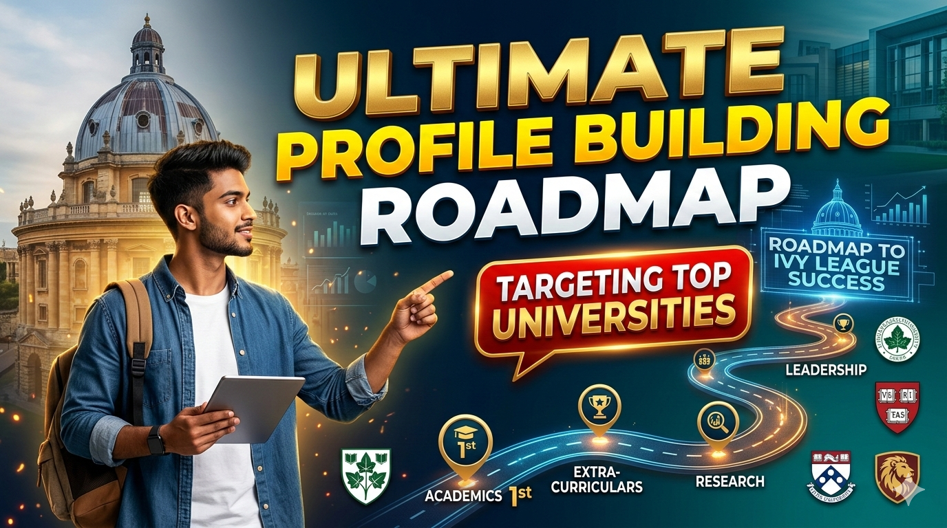 Profile building roadmap for students targeting top universities through academic achievements, extracurricular activities, and leadership development.