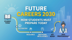 Future Careers 2030 concept showing students preparing for future jobs in AI, technology, data science, and innovation.